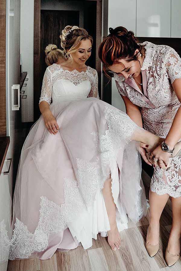 Half Sleeves Pink Backless Lace Up Floor Length Wedding Dress WD367 - Pgmdress