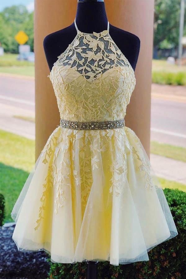 Halter Appliqued Yellow Homecoming Dress Short Prom Dress with Beading Belt PD323 US6 / Yellow Halter Appliqued Yellow Homecoming Dress Short Prom Dress with Beading Belt PD323 US6 / Yellow