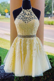 Halter Appliqued Yellow Homecoming Dress Short Prom Dress with Beading Belt PD323 - Pgmdress