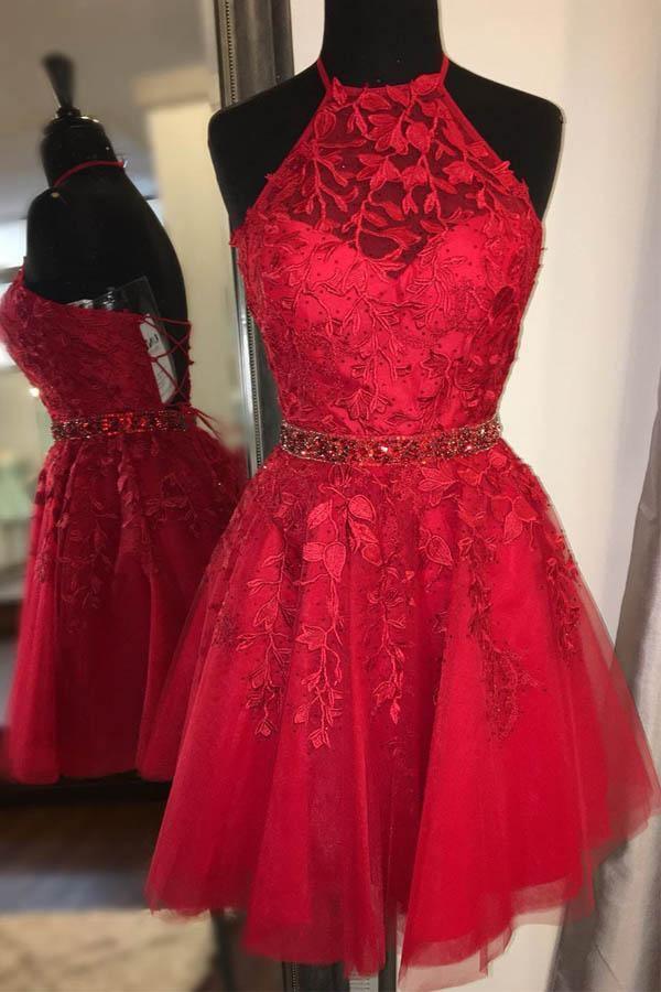Halter Appliqued Yellow Homecoming Dress Short Prom Dress with Beading Belt PD323 - Pgmdress