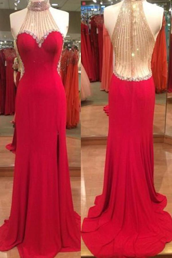 Halter Split Black Long Prom Dress With Beading Rhinestones PG281-Pgmdress