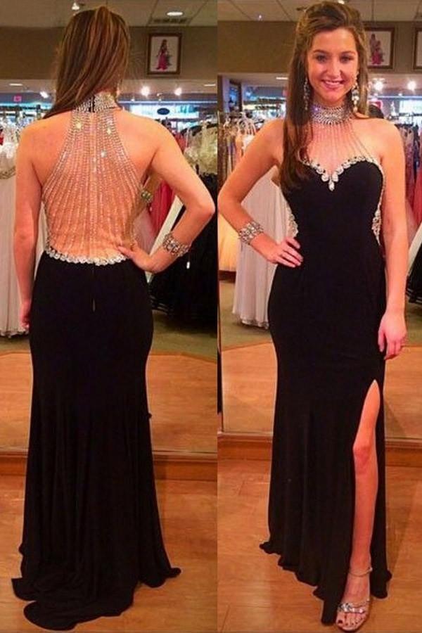 Halter Split Black Long Prom Dress With Beading Rhinestones PG281-Pgmdress
