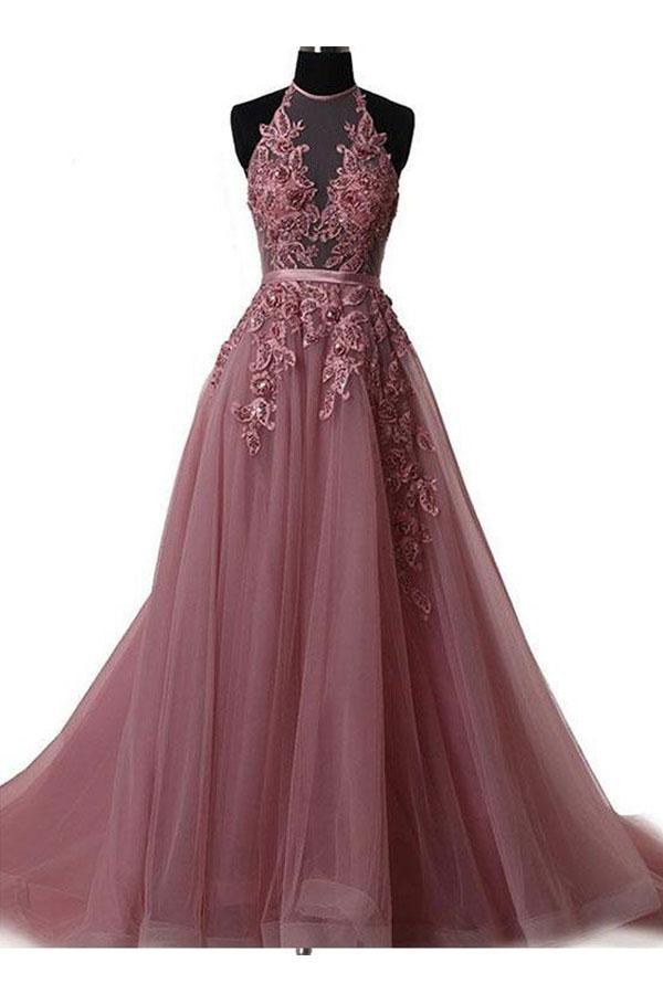 Halter Train Blush Simple Prom Dress With Lace Applique PG550 Pgmdress Halter Train Blush Simple Prom Dress With Lace Applique PG550 Pgmdress