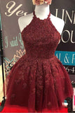 Halter Burgundy Lace A-Line Cute Backless Homecoming Dress    PD373