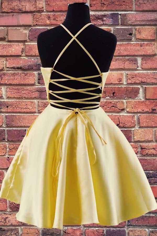 Halter Embroidered Yellow Satin Homecoming Dress with Pockets PD324 - Pgmdress
