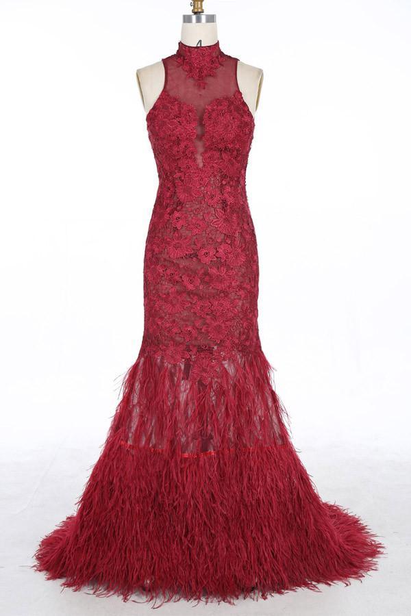 mermaid dress with feather bottom Halter Neck Feather Mermaid Appliques Prom Dress With Court Train US16 / Burgundy