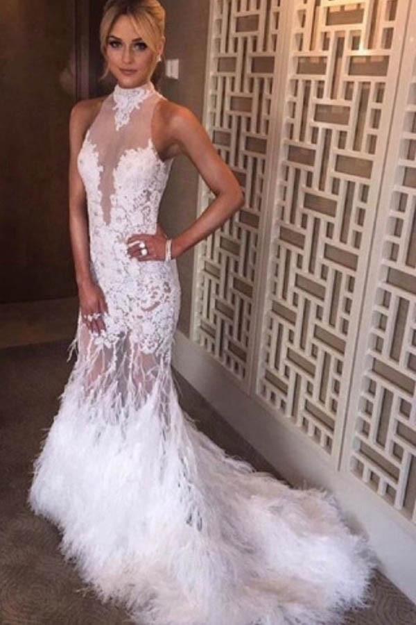 Halter Neck Feather Mermaid Appliques Prom Dress With Court Train US12 / White Halter Neck Feather Mermaid Appliques Prom Dress With Court Train US12 / White
