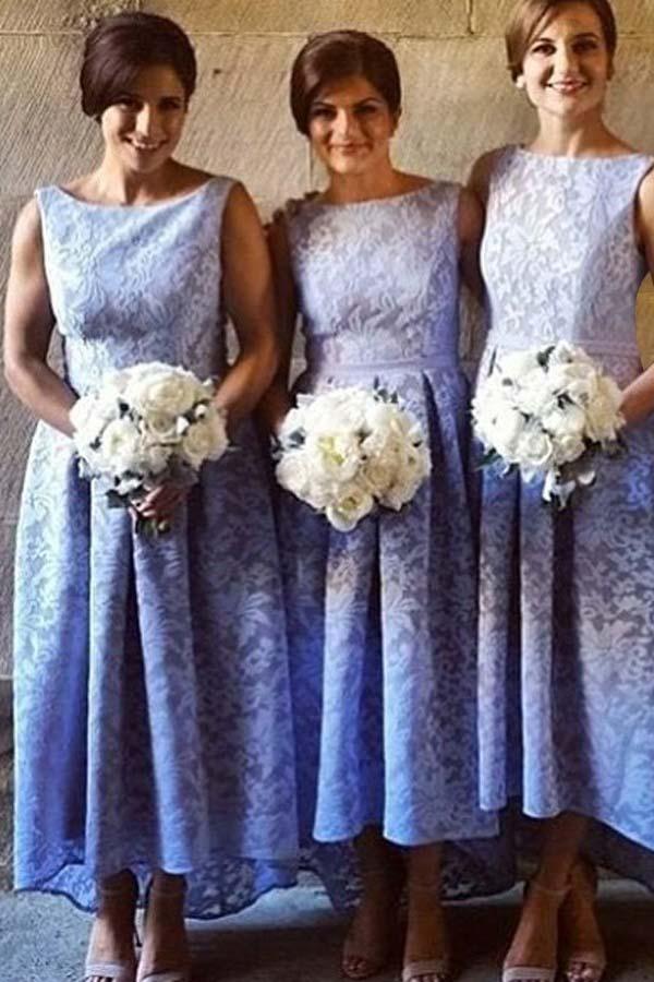 High Low Bateau Sleeveless Light Sky Blue Lace Bridesmaid Dress BD046 - Pgmdress