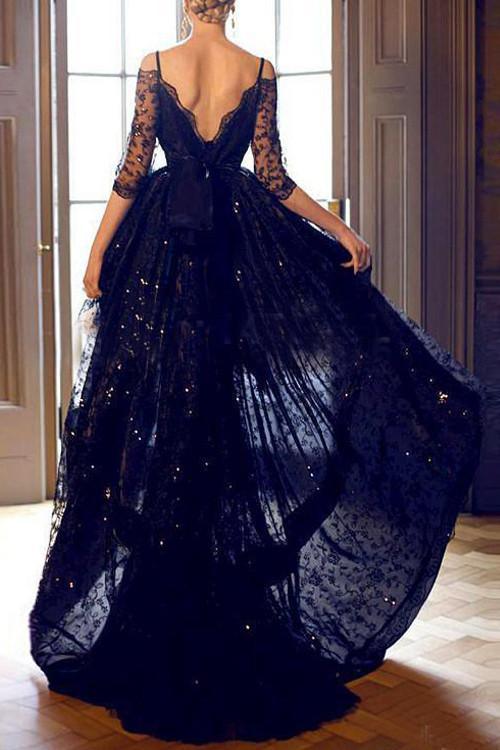 High-low Half Sleeves Black Prom Dress Evening Gown With Straps PG305-Pgmdress