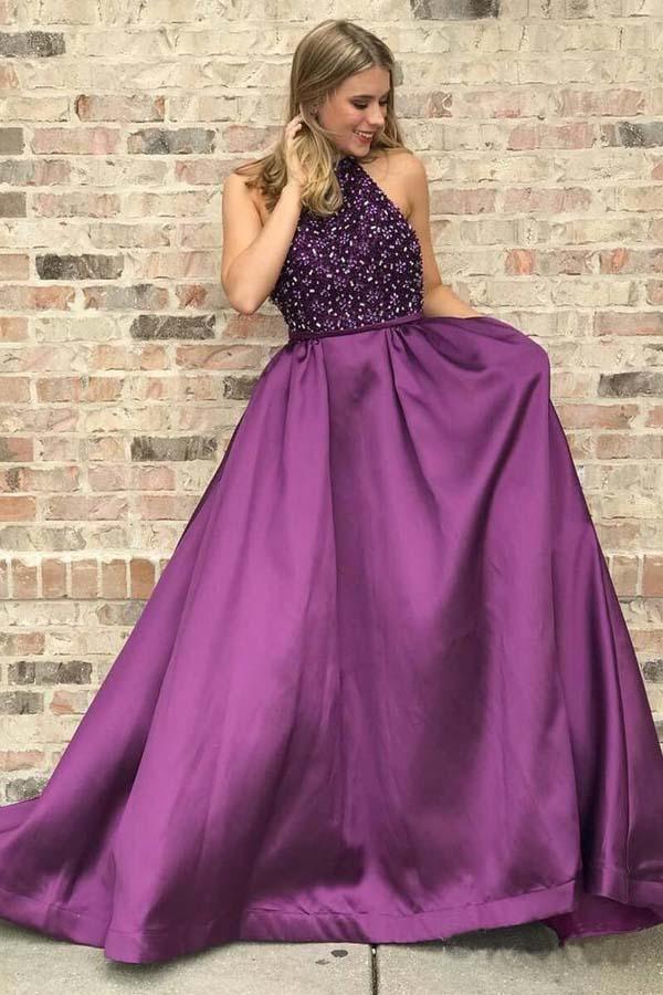 High Neck Purple Long Prom Dress Beaded Junior Party Dress PG839 US4 / Custom Color High Neck Purple Long Prom Dress Beaded Junior Party Dress PG839 US4 / Custom Color