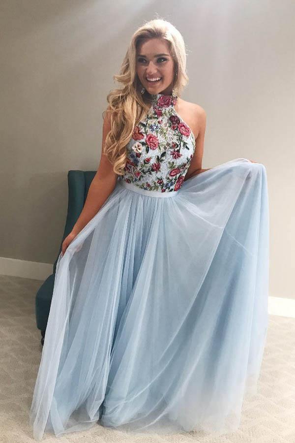 High Neck Tulle Sky Blue Long Prom Dress with Embroidery PG860 US2 / Sky Blue