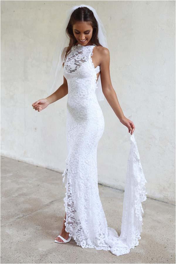 Halter Neck Mermaid Wedding Dress Backless Lace Wedding Gown with Sweet  Train AWD1837