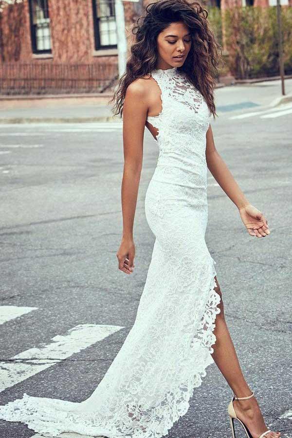 High Neckline Lace Backless Mermaid Wedding Dresses With Court Train WD123 - Custom Size / Ivory High Neckline Lace Backless Mermaid Wedding Dresses With Court Train WD123 - Custom Size / Ivory