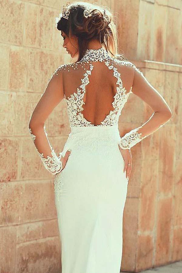 High Neckline Sheath Wedding Dresses With Beaded Lace Appliques WD191 - Pgmdress