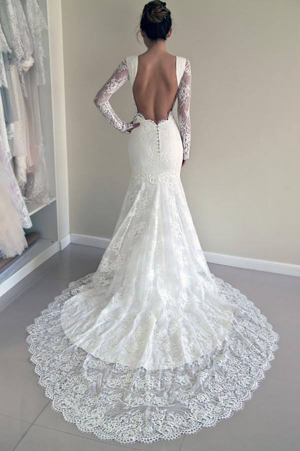 Scoop Open Back Mermaid Vintage Wedding Dress with Long Sleeves WD003 US0 / White Scoop Open Back Mermaid Vintage Wedding Dress with Long Sleeves WD003 US0 / White