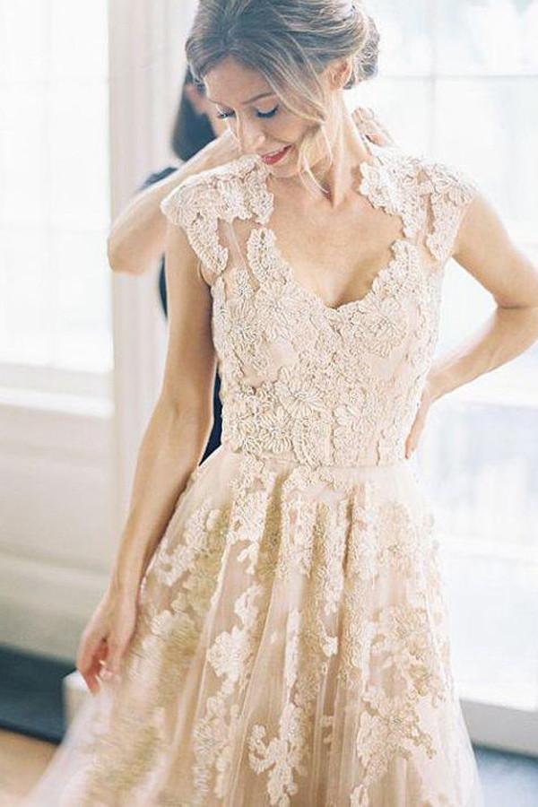 A-line V-neck Sleeveless Rustic Wedding Dress with Lace WD015 US10 / Champagne A-line V-neck Sleeveless Rustic Wedding Dress with Lace WD015 US10 / Champagne