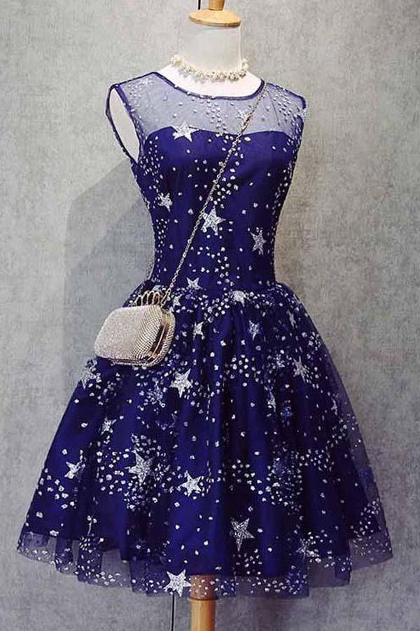 Homecoming Dress Tulle Sleeveless Stars Short Prom Dress Party Dress PD367 - Pgmdress