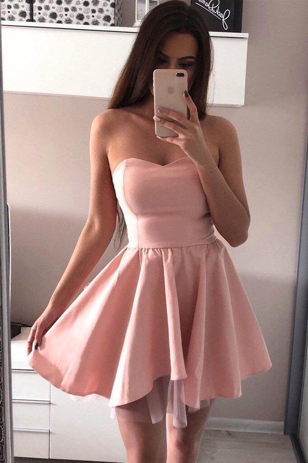 A-line Pink Sweetheart Satin Homecoming Dresses, Custom Size / Pink A-line Pink Sweetheart Satin Homecoming Dresses, Custom Size / Pink