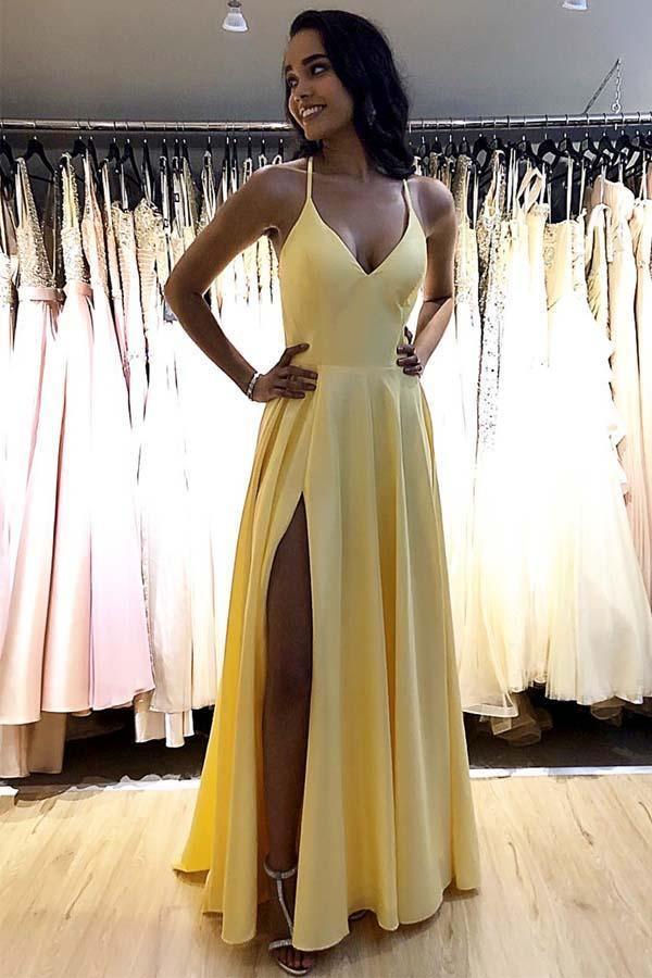 A-line Satin Simple Prom Dresses Formal Dress With Split, US0 / Yellow A-line Satin Simple Prom Dresses Formal Dress With Split, US0 / Yellow