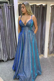 Hot Sexy A Line Bretelles Spaghetti Bleu Longues Robes De Bal / Soirée PSK187