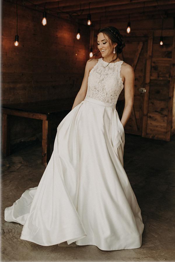 Illusion Lace Halter Neck A-line Wedding Dress With Sweep Train WD540 US8 / Ivory Illusion Lace Halter Neck A-line Wedding Dress With Sweep Train WD540 US8 / Ivory