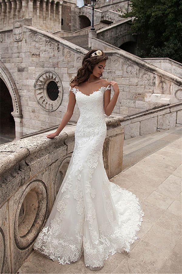 fitted lace wedding dress Illusion Neckline Lace Mermaid Church Long Wedding Dress WD131 Custom Size / Ivory
