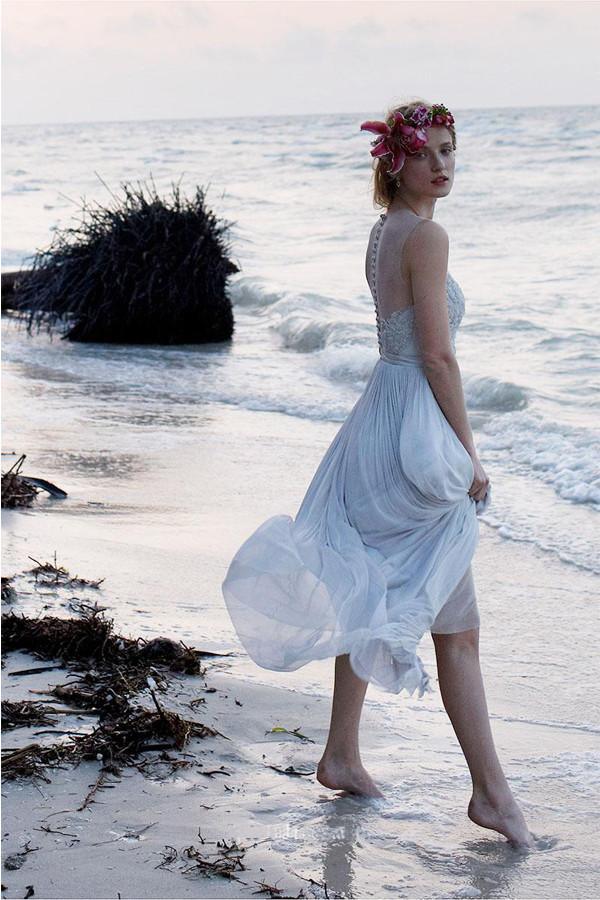 Illusion Neckline Sheer Back Beach Lace Chiffon Wedding Dress WD055 - Pgmdress