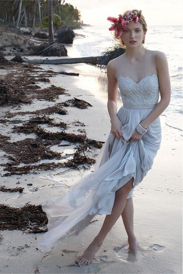 Illusion Neckline Sheer Back Beach Lace Chiffon Wedding Dress WD055 US12 / Slate Blue Illusion Neckline Sheer Back Beach Lace Chiffon Wedding Dress WD055 US12 / Slate Blue