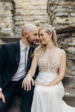 Illusion V-Neck A-line Beach Wedding Dress Chaple Train Sheath Bridal Gown WD423 - Pgmdress