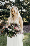 Illusion V-Neck A-line Beach Wedding Dress Chaple Train Sheath Bridal Gown WD423 - Pgmdress