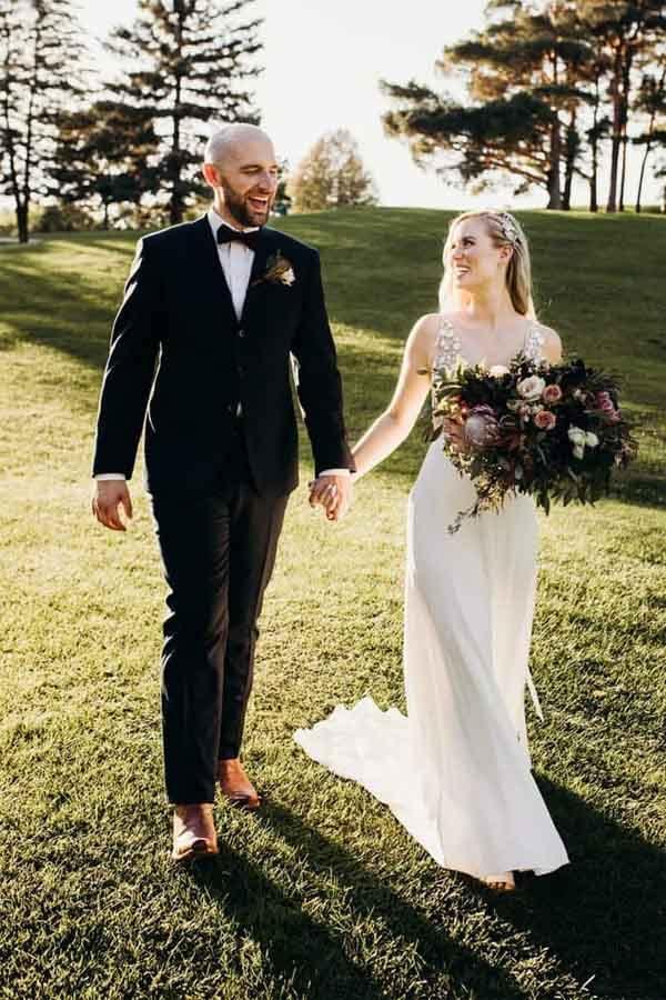 Illusion V-Neck A-line Beach Wedding Dress Chaple Train Sheath Bridal Gown WD423 - Pgmdress
