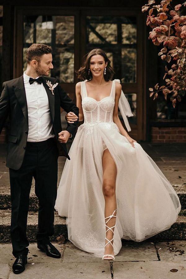 Ivory A-Line Sleeveless Sweep Train Wedding Dress With Sequins WD544 - Pgmdress