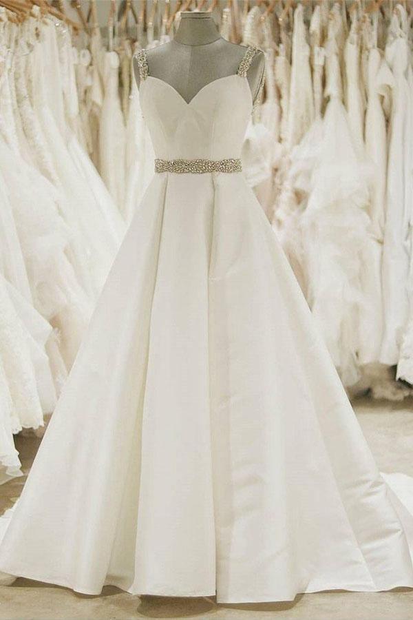 Spaghetti Strap Ball Gown Modest Wedding Dress With Beading WD339 US0 / Custom Color
