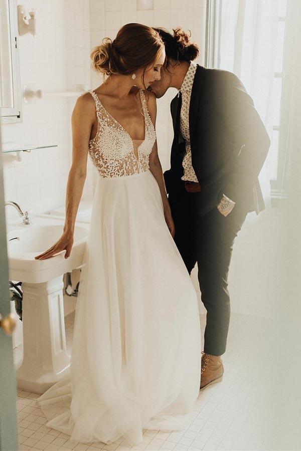 See Through Ivory Beach Wedding Dress With Pearl Beaded WD293 US4 / White See Through Ivory Beach Wedding Dress With Pearl Beaded WD293 US4 / White
