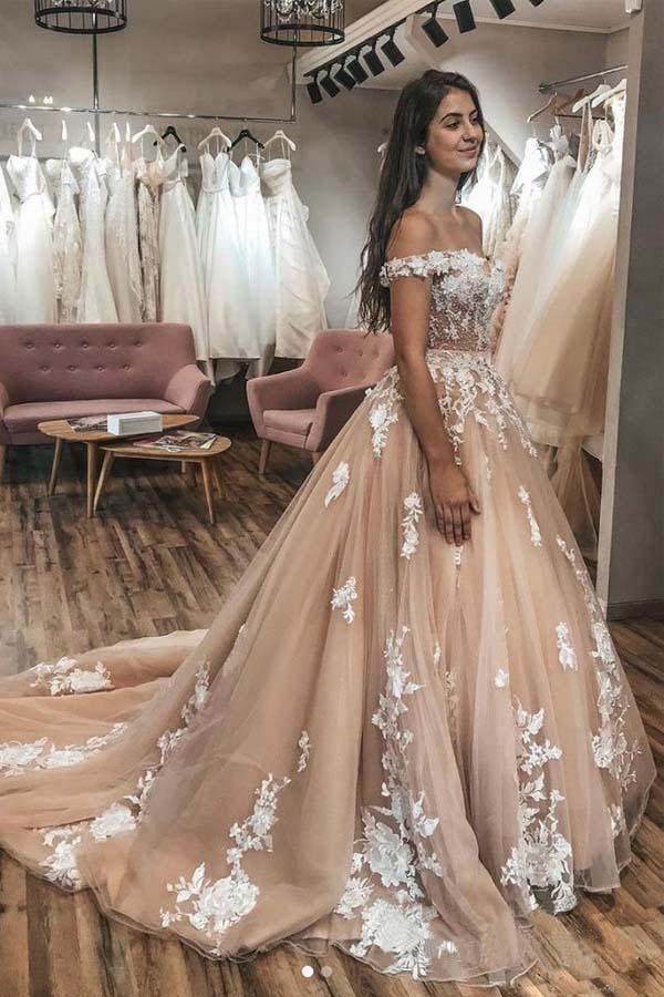 Ivory Lace Appliqued Champagne Off Shoulder Wedding Dress WD438 US4 / Champagne