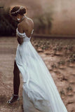 Ivory Lace Off The Shoulder Backless Chiffon Split Wedding Dresses WD511 - Pgmdress