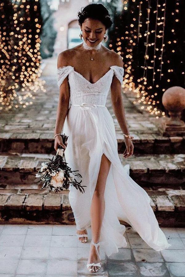Ivory Lace Off The Shoulder Backless Chiffon Split Wedding Dresses WD511 - Pgmdress