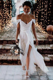 Ivory Lace Off The Shoulder Backless Chiffon Split Wedding Dresses WD511 - Pgmdress