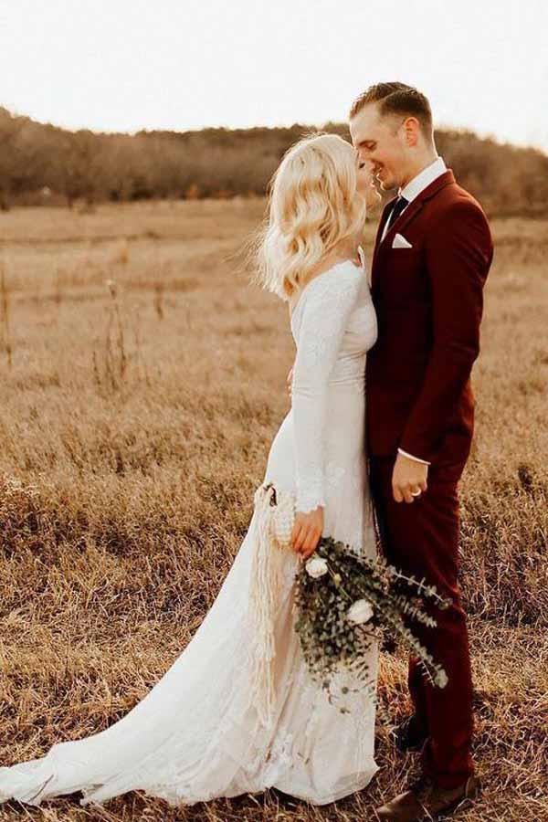 Ivory Long Sleeve Rustic Wedding Dresses Backless Sheath Beach Wedding Dress WD384 - Pgmdress