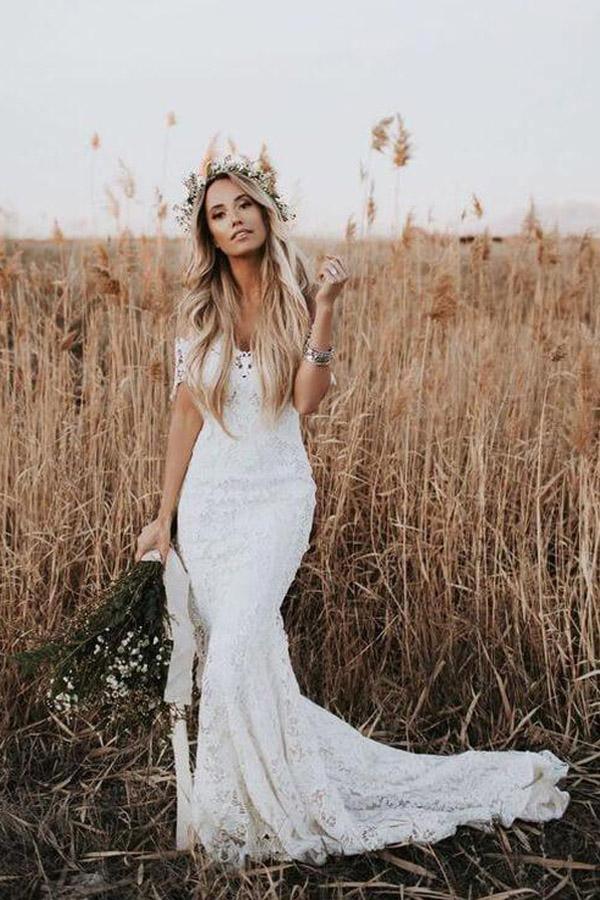 Mermaid Lace Boho Wedding Dress Ivory Beach Wedding Dress WD288