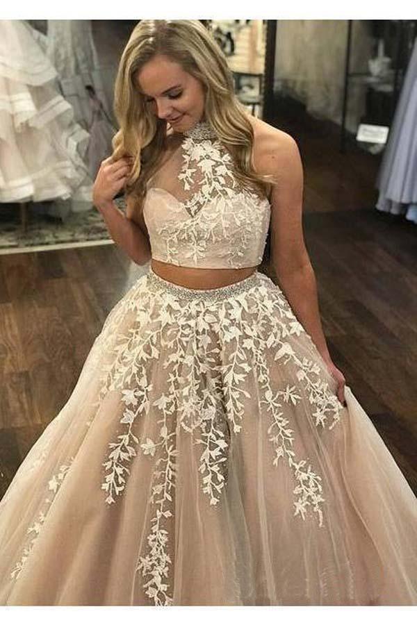 Lace Appliqud Two Piece Prom Dress Long Halter Party Dress PG727 US4 / Nude Lace Appliqud Two Piece Prom Dress Long Halter Party Dress PG727 US4 / Nude
