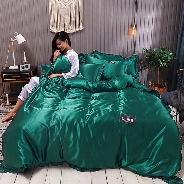 Lace Pure Satin Silk Bedding Set Adult Luxury Duvet Covers With Pillowcase Single Double Queen King Bed Sheet Bedclothes White - Pgmdress