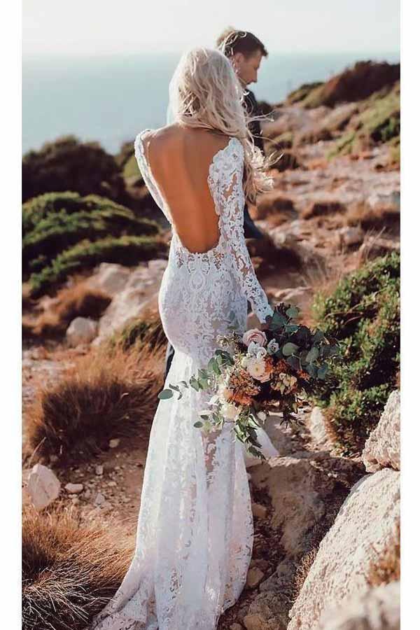 Lace Rustic Wedding Dresses Long Sleeve Mermaid Wedding Dress WD284 US10 / Custom Color Lace Rustic Wedding Dresses Long Sleeve Mermaid Wedding Dress WD284 US10 / Custom Color
