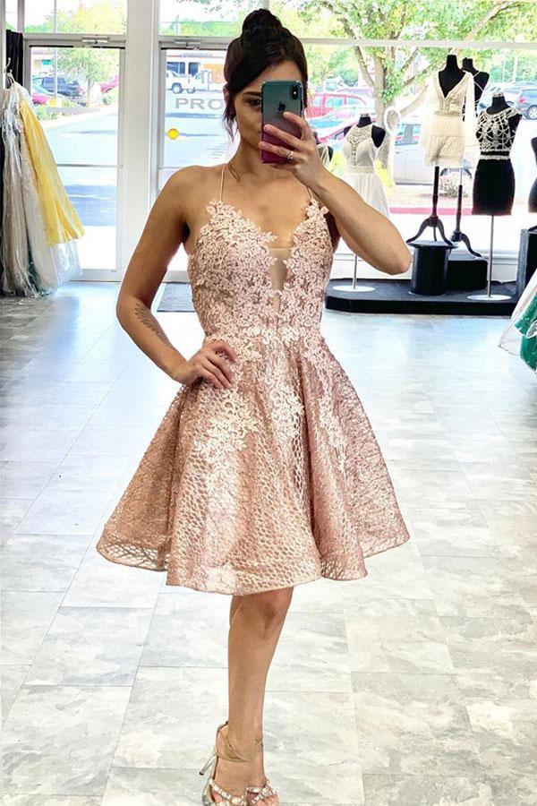 Lace Short Prom Dress Homecoming Dress with Criss Cross Back PD422 - US0 / Pearl Pink Lace Short Prom Dress Homecoming Dress with Criss Cross Back PD422 - US0 / Pearl Pink