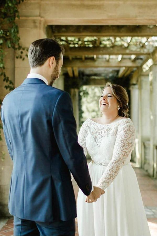 Lace Top Ivory Chiffon Plus Size Wedding Dresses with Long Sleeves US16 / White