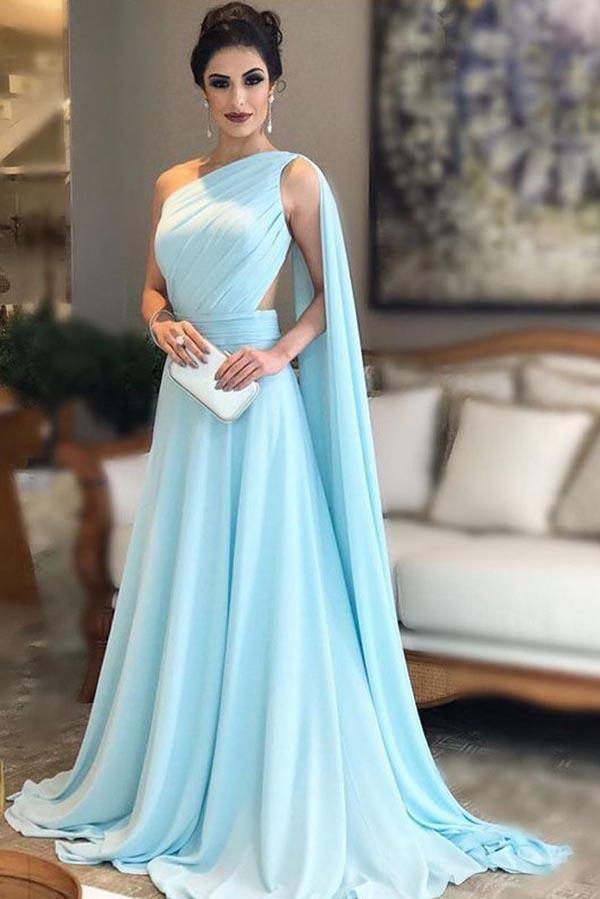 Light Blue One Shoulder Chiffon Pleats Sheer Illusion Back Prom Gown PG977 - Pgmdress