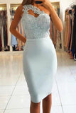 Hellhimmelblaues, kurzes, knielanges One-Shoulder-Abiballkleid PD276