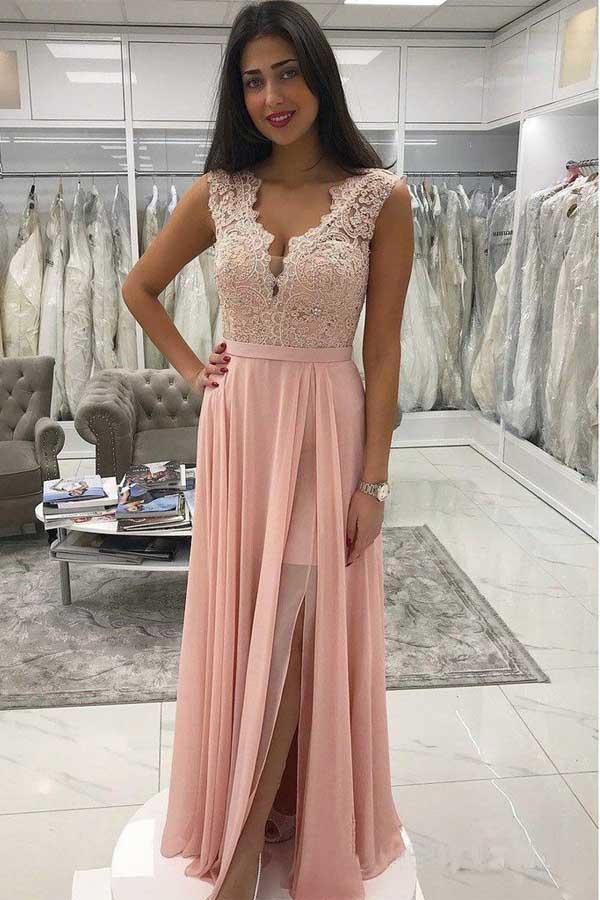 Long Chiffon Lace Beaded Prom Dresses Pink V-neck Formal Dress with Split PG958 - Pgmdress