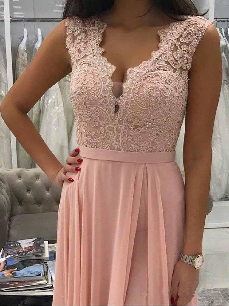 Long Chiffon Lace Beaded Prom Dresses Pink V-neck Formal Dress with Split PG958 - Pgmdress