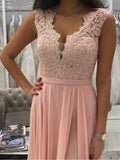 Long Chiffon Lace Beaded Prom Dresses Pink V-neck Formal Dress with Split PG958 - Pgmdress